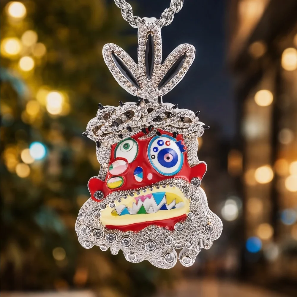 Silver-tone Enamel Monster Pendant Necklace - Red, Multicolor 24inch